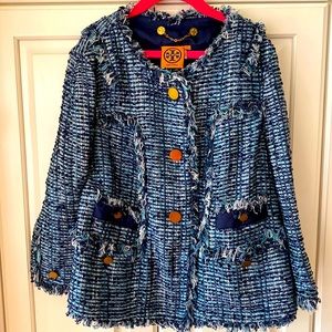 Tory Burch Daniela tweed jacket blue metallic glitter quarter sleeve size 4